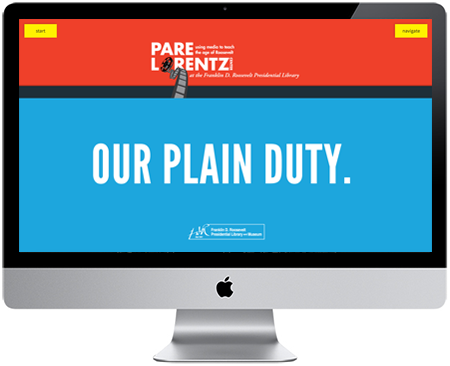 iMac mockup with Pare Lorentz Center web app "Our Plain Duty"
