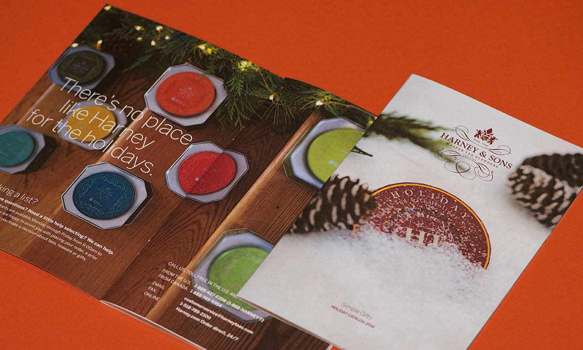 Harney holiday catalog open to inside cover with quote: "There's no place like Harney for the holidays."