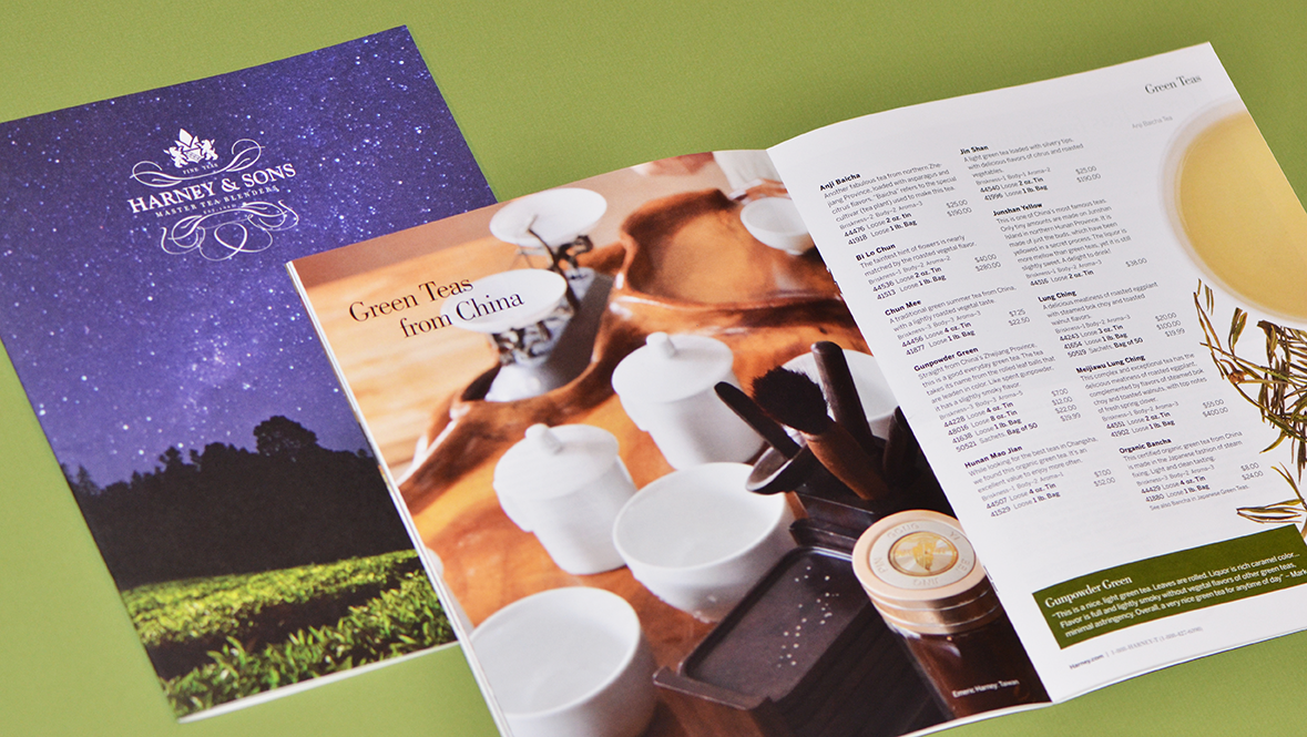 Harney teas catalog open to page about green teas.