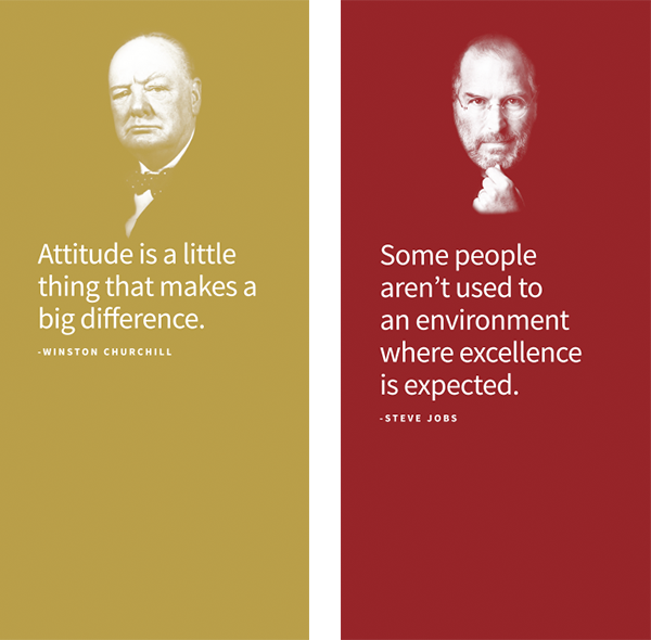 Yellow vertical block quote with Winston Churchill portrait: "Attitude is a little thing that makes a big difference." Red vertical block quote with portrait of Steve Jobs: "Some people aren't used to an environment where excellence is expected."