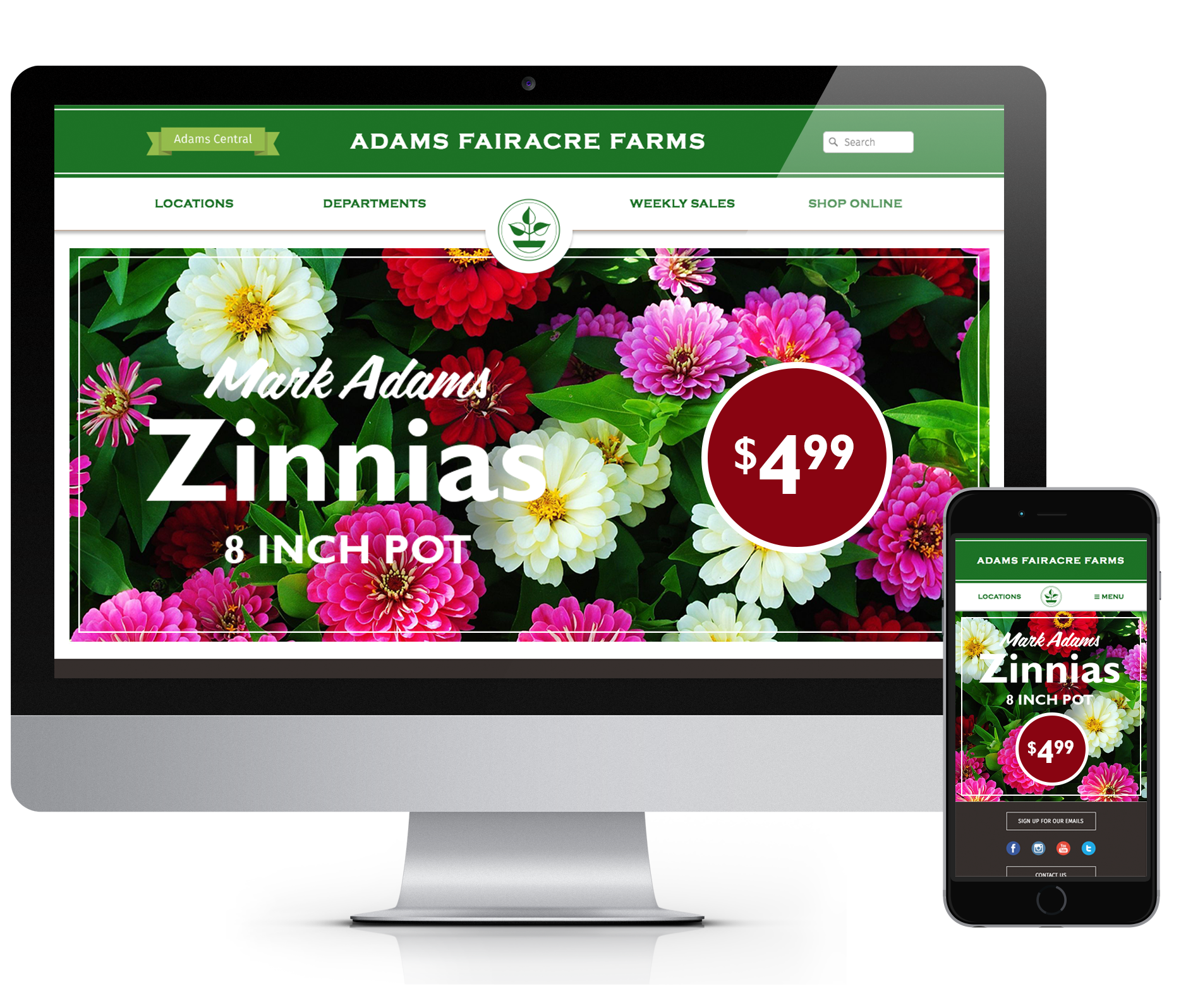 iPhone and iMac mockups of Adams Faireacre Farms Website Home Page