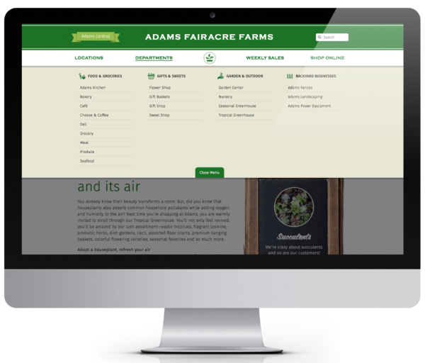 iMac mockup of Adams Faireacre Farms Website Mega Menu