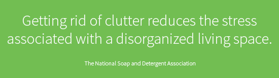 Green quote block: "Getting rid of clutter reduces the stress associates with a disorganized living space."