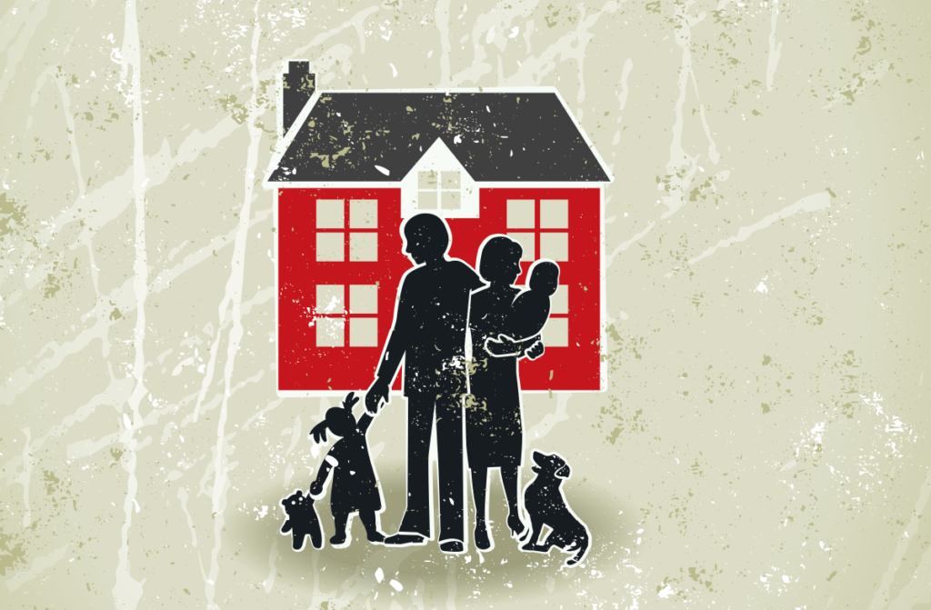 Graphic illustration of red house with family silhouette