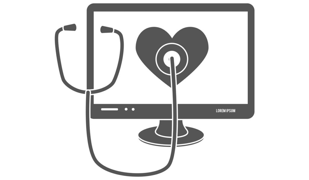 healthcare computer and stethoscope graphic